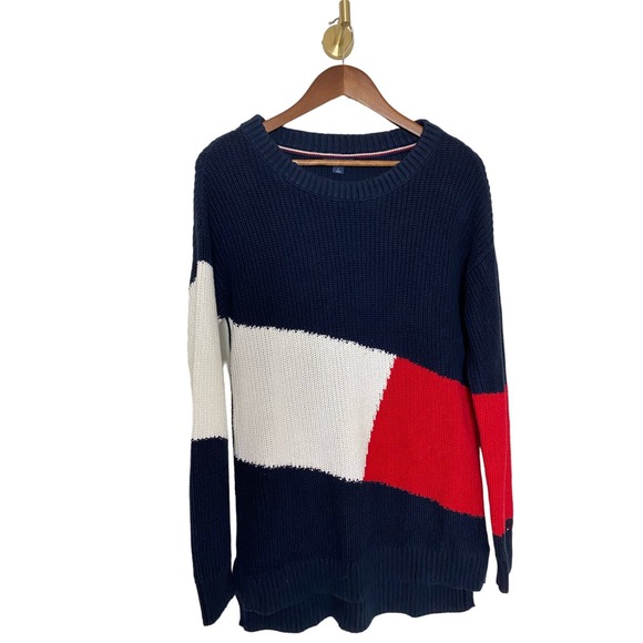 Tommy Hilfiger Colorblock‎ Crewneck Sweater Knit Women's Medium Oversized Preppy - Picture 1 of 5